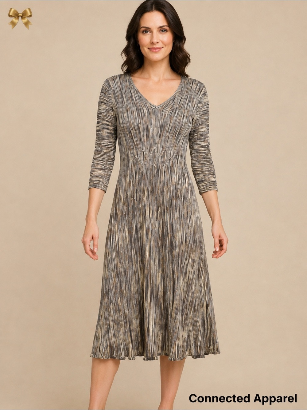 Connected Apparel Knit Midi Dress Brown Beige Metallic Small